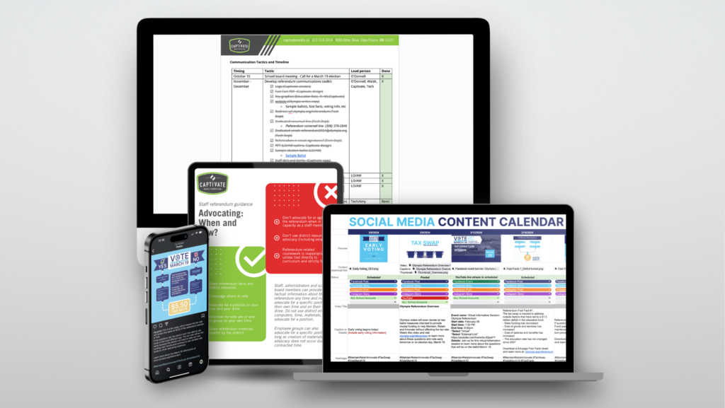 Mockups of social media strategy on different types of screens for Olympia School District.