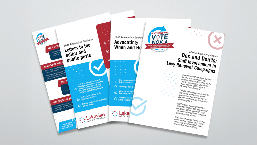 Mockup of flyer guideline for discussing referendums for Lakeville Area Schools.