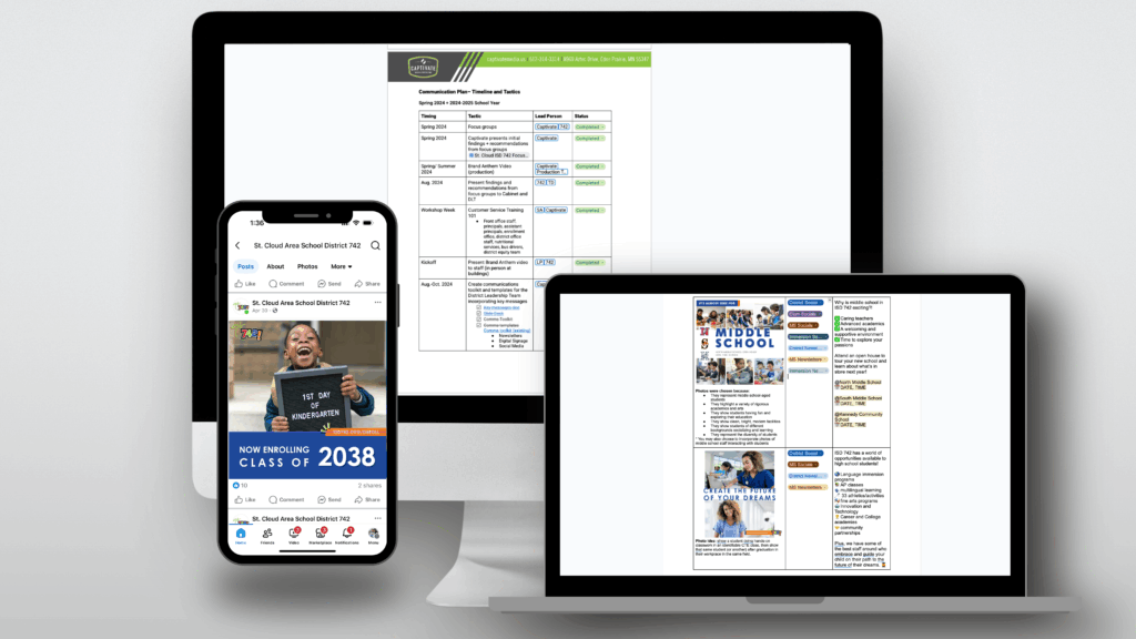 Mockups of social media strategy and statistics on different types of screens for St. Cloud Area Schools.