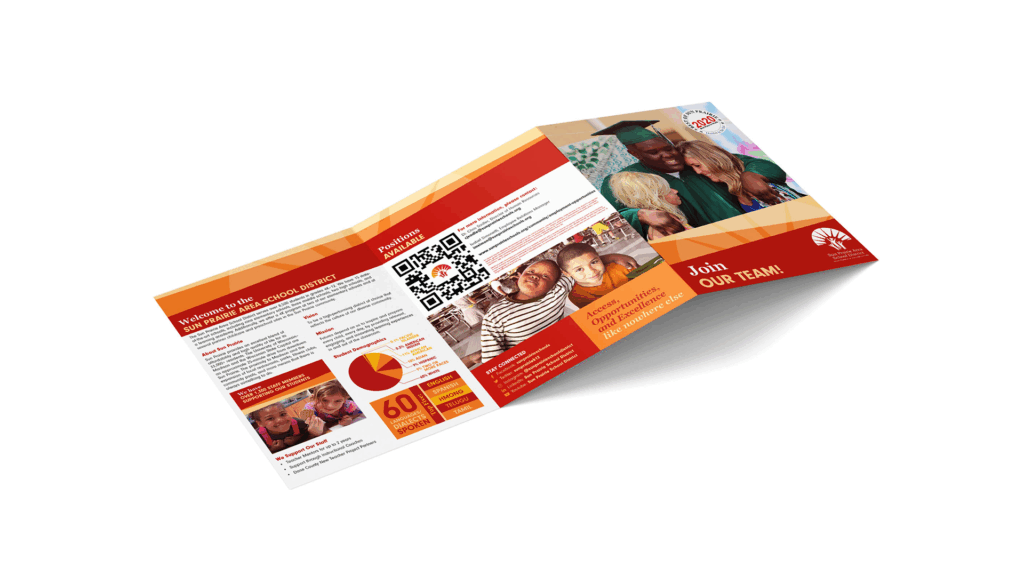 Mockup of a brochure about enrollment for Sun Prairie Area School District.
