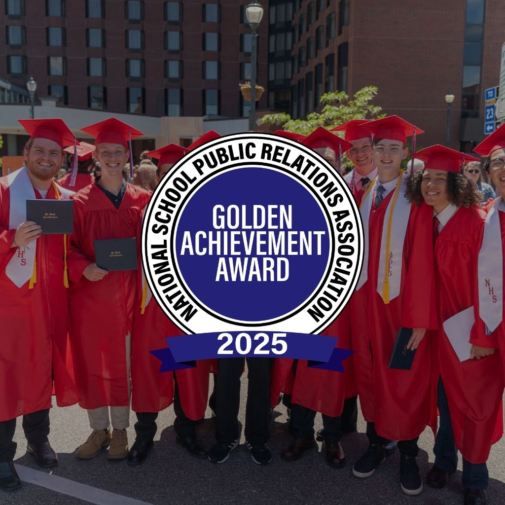 Golden achievement badge over an image of st. cloud graduates