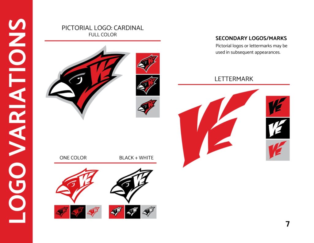 Logo variations page showing the cardinal logo, the W mark, and single-color logos for Willmar